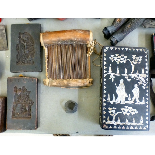 67 - A mixed lot: to include a mother-of-pearl inlaid, ebonised wooden box, decorated with figures amongs... 