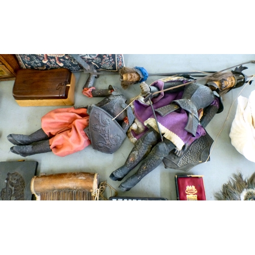 67 - A mixed lot: to include a mother-of-pearl inlaid, ebonised wooden box, decorated with figures amongs... 