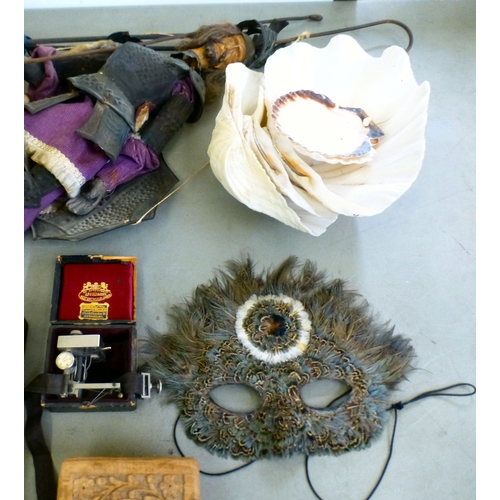 67 - A mixed lot: to include a mother-of-pearl inlaid, ebonised wooden box, decorated with figures amongs... 