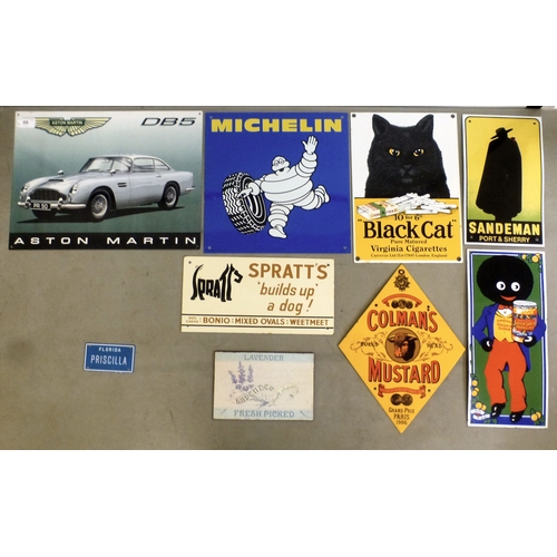 69 - Nine reproduction promotional/advertising printed metal signs: to include 'Michelin', 'Aston Martin'... 