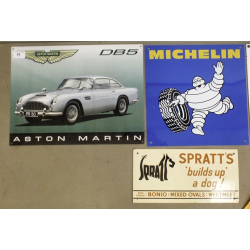 69 - Nine reproduction promotional/advertising printed metal signs: to include 'Michelin', 'Aston Martin'... 