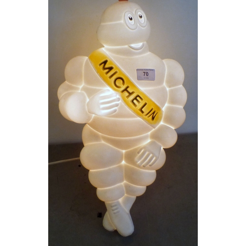 70 - A circa 1966 white plastic illuminating promotional model 'Michelin Man' on a wall bracket plinth  1... 