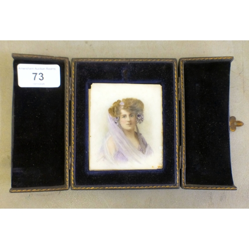 73 - S Sanony - an early 20thC portrait miniature, a formally dressed woman&nbsp; watercolour on porcelai... 