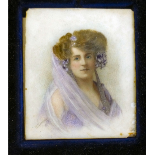 73 - S Sanony - an early 20thC portrait miniature, a formally dressed woman&nbsp; watercolour on porcelai... 