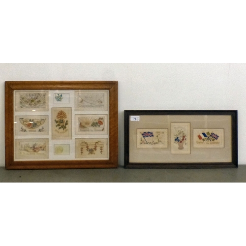 76 - Two framed presentations of Great War period, embroidered sweetheart cards
