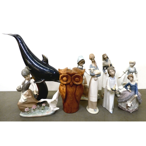 90 - Decorative items: to include six Lladro porcelain figures, featuring a girl being chased by a swan&n... 