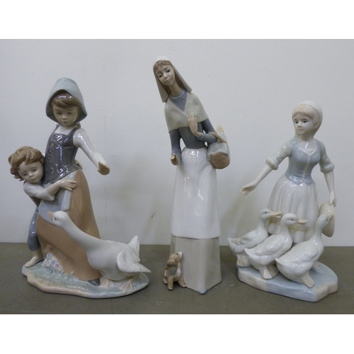 90 - Decorative items: to include six Lladro porcelain figures, featuring a girl being chased by a swan&n... 