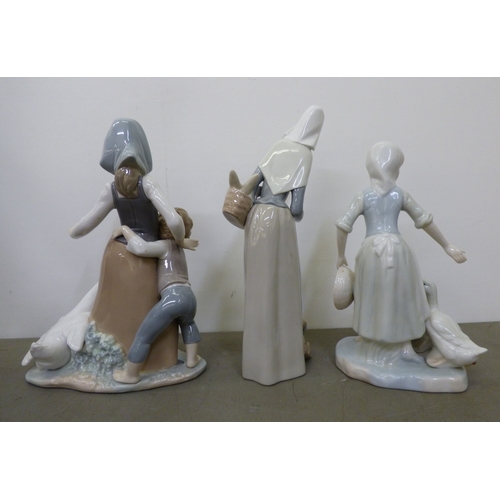90 - Decorative items: to include six Lladro porcelain figures, featuring a girl being chased by a swan&n... 