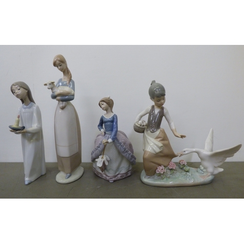90 - Decorative items: to include six Lladro porcelain figures, featuring a girl being chased by a swan&n... 