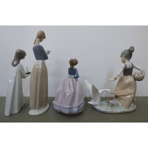 90 - Decorative items: to include six Lladro porcelain figures, featuring a girl being chased by a swan&n... 