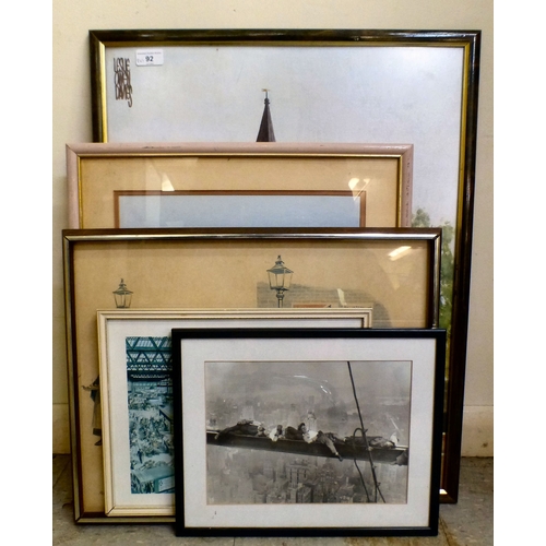 92 - Framed pictures and prints: to include Leslie Owen Davies - 'St Mary's Church, Battersea'&nbsp; oil ... 