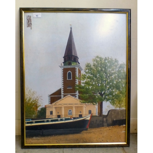 92 - Framed pictures and prints: to include Leslie Owen Davies - 'St Mary's Church, Battersea'&nbsp; oil ... 