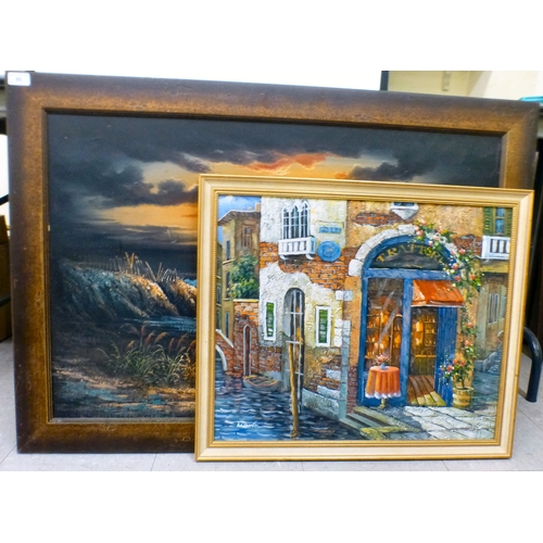 95 - W Mirkin - a Venetian café scene  oil on board  bears a signature  18