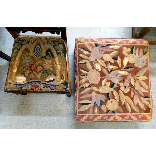 97 - A late Victorian mahogany framed tapestry upholstered nursing chair with carved decoration and barle... 