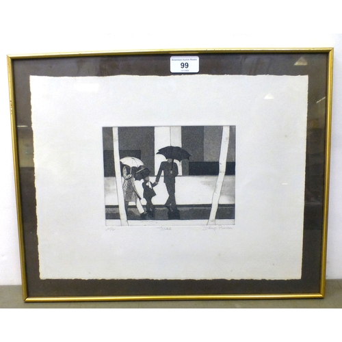 99 - Dilys Pinion - three figures, one holding an umbrella  Limited Edition 1/12 print  bears a pencil si... 