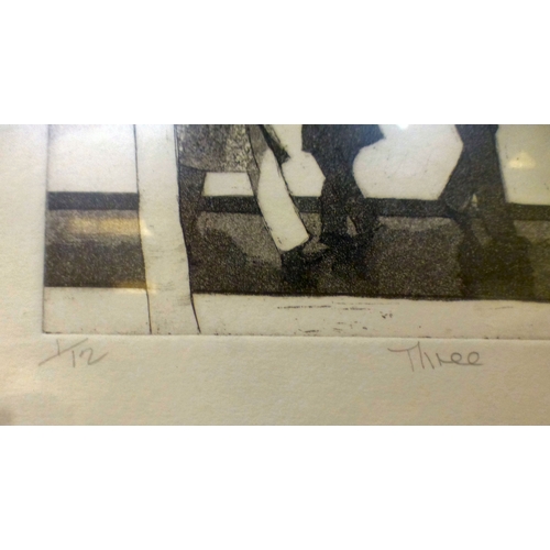 99 - Dilys Pinion - three figures, one holding an umbrella  Limited Edition 1/12 print  bears a pencil si... 