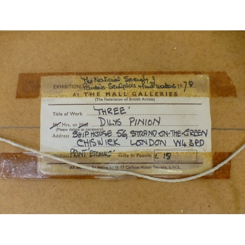 99 - Dilys Pinion - three figures, one holding an umbrella  Limited Edition 1/12 print  bears a pencil si... 