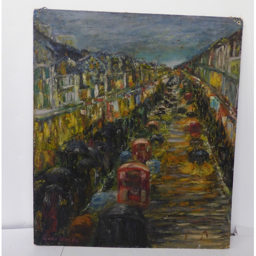 312 - Gwen Stacey - a busy street scene with figures on a pavement, holding umbrellas&nbsp; oil on board&n... 