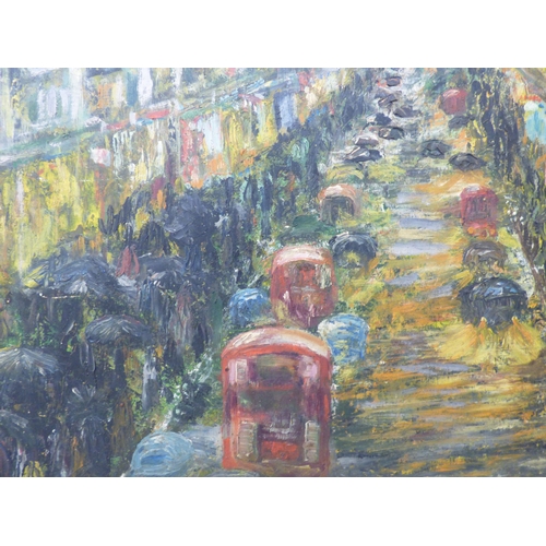 312 - Gwen Stacey - a busy street scene with figures on a pavement, holding umbrellas&nbsp; oil on board&n... 