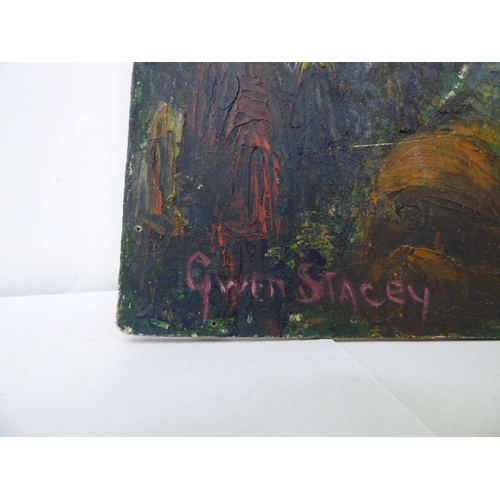 312 - Gwen Stacey - a busy street scene with figures on a pavement, holding umbrellas&nbsp; oil on board&n... 