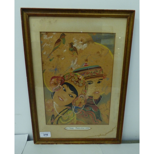 316 - Attributed to Lee Chung - two figures and birds&nbsp; mixed media&nbsp; 8