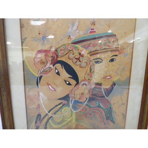 316 - Attributed to Lee Chung - two figures and birds&nbsp; mixed media&nbsp; 8
