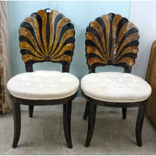 16 - A pair of modern brass inlaid, faux tortoiseshell veneered chairs, the backs of shell design, uphols... 
