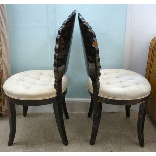 16 - A pair of modern brass inlaid, faux tortoiseshell veneered chairs, the backs of shell design, uphols... 