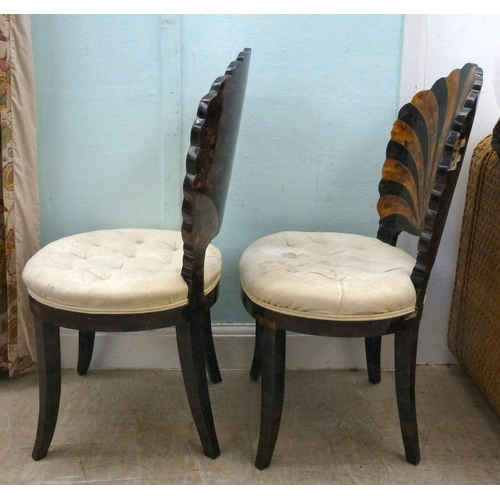 16 - A pair of modern brass inlaid, faux tortoiseshell veneered chairs, the backs of shell design, uphols... 