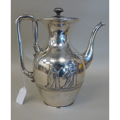 2 - An early Victorian silver hotwater jug, embossed in relief with five classical figures  London 1842 ... 