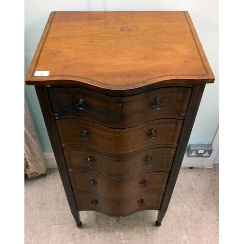 22 - An early 20thC string inlaid mahogany serpentine front chest of drawers, raised on tapered legs and ... 