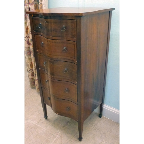 22 - An early 20thC string inlaid mahogany serpentine front chest of drawers, raised on tapered legs and ... 