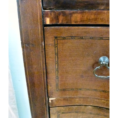 22 - An early 20thC string inlaid mahogany serpentine front chest of drawers, raised on tapered legs and ... 