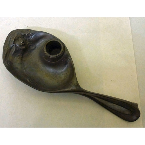 255 - Art Nouveau design pewter metalware, viz. a tray, decorated with a woman swimming&nbsp; 14.5