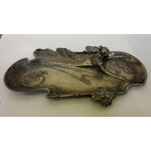 255 - Art Nouveau design pewter metalware, viz. a tray, decorated with a woman swimming&nbsp; 14.5