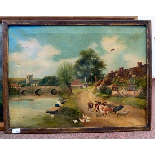 26 - Pictures: to include * Webber - a village scene with a river&nbsp; oil on canvas&nbsp; bears a signa... 