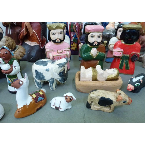 263 - Pottery, wooden and composition nativity figures and animals&nbsp; mixed sizes