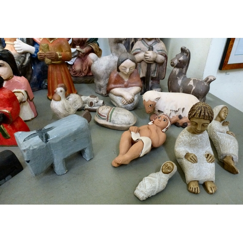 263 - Pottery, wooden and composition nativity figures and animals&nbsp; mixed sizes