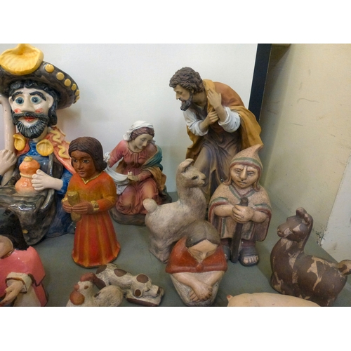 263 - Pottery, wooden and composition nativity figures and animals&nbsp; mixed sizes
