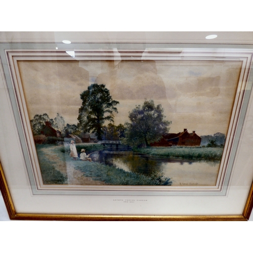 280 - Arthur Trevor Haddon - a village scene with a young man fishing  watercolour  bears a signature &amp... 