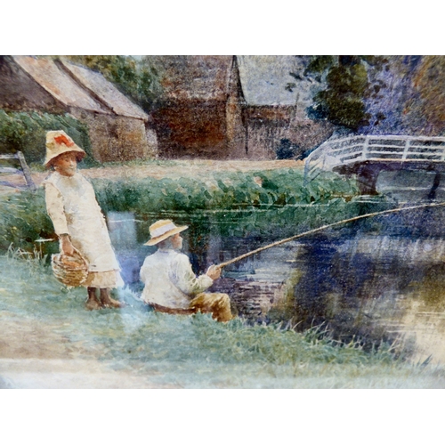 280 - Arthur Trevor Haddon - a village scene with a young man fishing  watercolour  bears a signature &amp... 