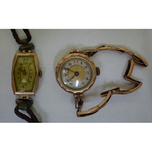 281 - Two ladies Victorian 9ct gold cased wristwatches, each faced by an Arabic dial