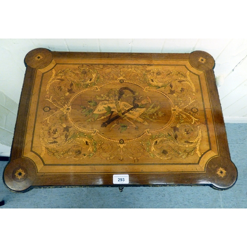293 - An early 20thC French style marquetry and string inlaid mahogany writing table, the hinged lid profu... 