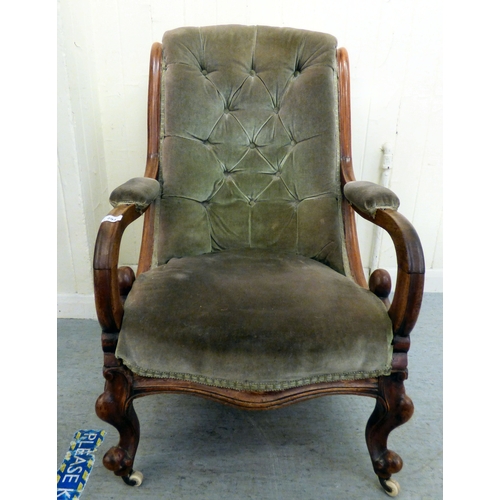294 - A mid/late Victorian mahogany showwood framed library chair, button upholstered in green fabric, rai... 