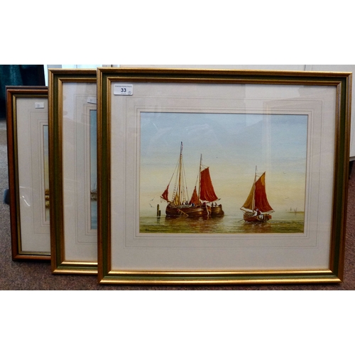 33 - R Horne - 'Dutch Barges'; 'Taking the Ferry' and 'Early Start'  acrylic watercolours  all bearing si... 