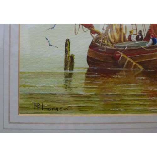 33 - R Horne - 'Dutch Barges'; 'Taking the Ferry' and 'Early Start'  acrylic watercolours  all bearing si... 