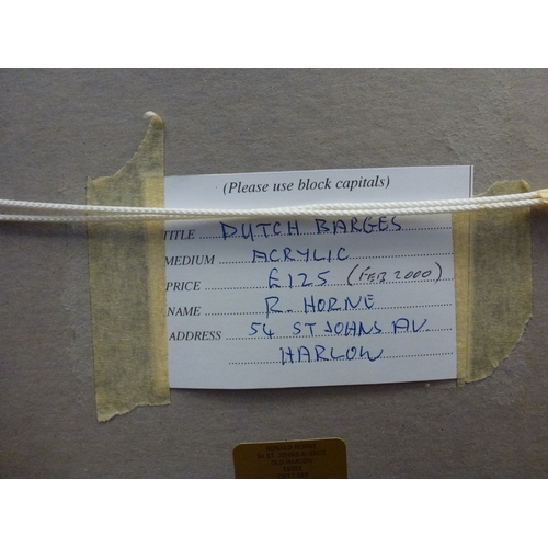 33 - R Horne - 'Dutch Barges'; 'Taking the Ferry' and 'Early Start'  acrylic watercolours  all bearing si... 