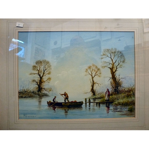 33 - R Horne - 'Dutch Barges'; 'Taking the Ferry' and 'Early Start'  acrylic watercolours  all bearing si... 