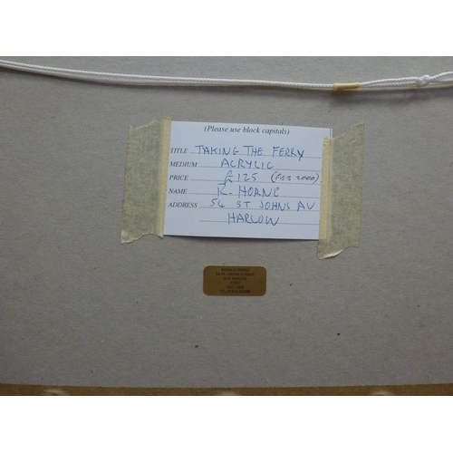 33 - R Horne - 'Dutch Barges'; 'Taking the Ferry' and 'Early Start'  acrylic watercolours  all bearing si... 