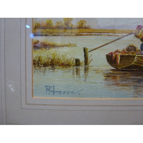 33 - R Horne - 'Dutch Barges'; 'Taking the Ferry' and 'Early Start'  acrylic watercolours  all bearing si... 